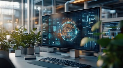 Naklejka premium Management renewable campaign strategy for sustainable future, corporate management renewable campaign for green energy growth Modern workspace with digital interface and plants.