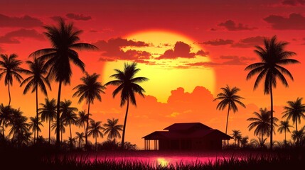 Obraz premium Tropical sunset house palm trees landscape