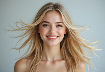 Fototapeta premium beautiful blond young happy woman. beauty portrait of pretty smiling girl with Healthy flying Hair