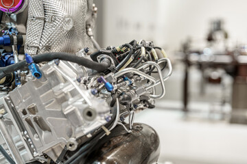 Detailed view of a modern engine showcasing intricate components and design in a contemporary...