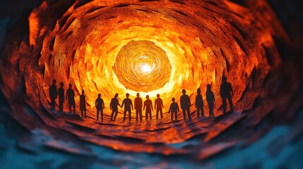 Paper silhouettes of people forming a spiral represent unity and community leading to a bright future full of success
