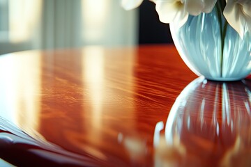 Polished wooden table top with a vase of white flowers. Sunlight reflecting on the glossy surface