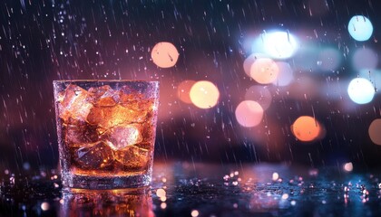 Glass of Whiskey with Ice Cubes under Pouring Water against Blurred Bokeh Lights in Dark Background
