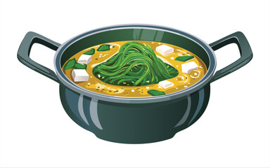 pot of seaweed miso soup - vector illustration