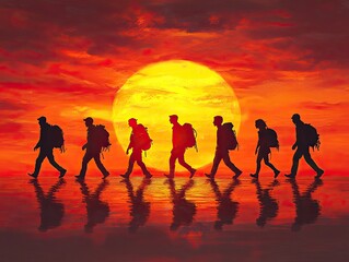 Silhouettes of diverse people walking towards a bright sunset horizon together symbolizing unity and shared goals for the future
