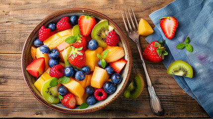 A bowl of mixed fruit salad with strawberries blueberries and kiwi on a wooden table with a fork