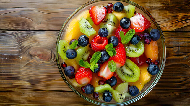 Close up of a glass bowl filled with a colorful assortment of fresh fruit on a wooden surface top view