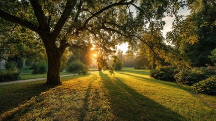 Obraz premium Serene Garden Scene with Large Tree and Long Soft Shadows