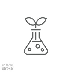 Plant research icon. Simple outline style. Laboratory test, flask, beaker, leaf, science, lab, smell, experiment, chemical concept. Thin line symbol. Vector illustration isolated. Editable stroke.