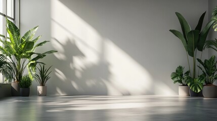 Empty gray office wall mockup with sunlight casting soft shadows on concrete floor, potted plants on sides, perfect for design overlays