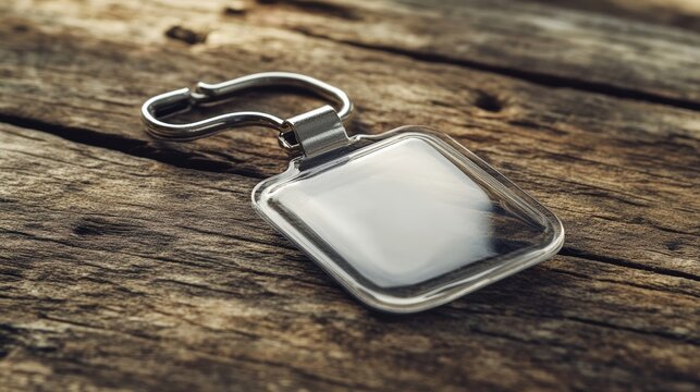 Clear plastic tag with metal clip on rustic wooden surface for branding and personalization