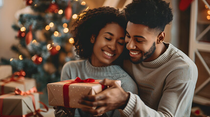 A smiling couple holding a christmas present in front of a decorated christmas tree indoors at home