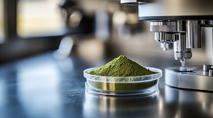 Green powder sample in a clear plastic container on a stainless steel surface.  A machine for processing the sample is in the background