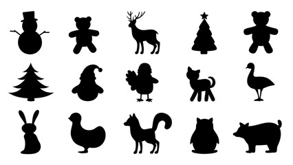 set of christmas icons silhouette vector on white background