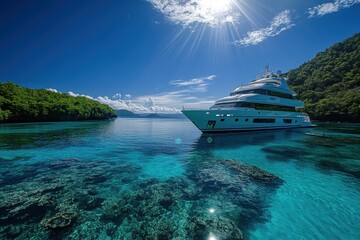 Luxury Yacht Anchored in Tropical Turquoise Waters with Sunlight Beaming Down Creating a Serene Vacation Scene Under Blue Sky