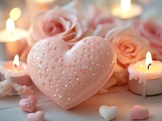 Romantic Valentines Day card design with heart roses and candles decoration to express love and affection for someone special