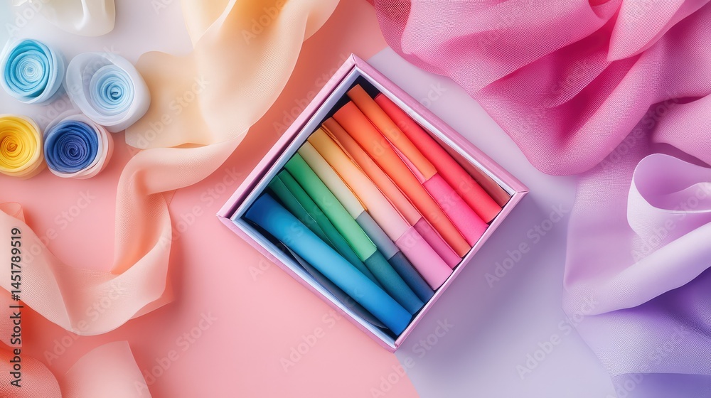 Poster soft pastels organized by color gradient, presented in an open box with a large blank area for custo
