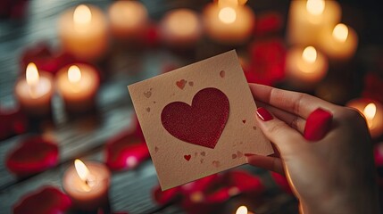 Romantic Valentine's Day Card Held by Hand in Candlelit Setting, Roses