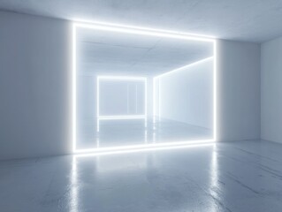 Modern White Interior with Geometric Neon Lights Abstract Architecture Design and Clean Surfaces Creates a Futuristic and Minimalist Space with Concrete Walls