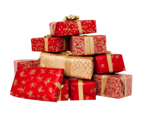 A stack of Christmas gifts wrapped in red and gold paper, isolated on Png Format and Transparent Background