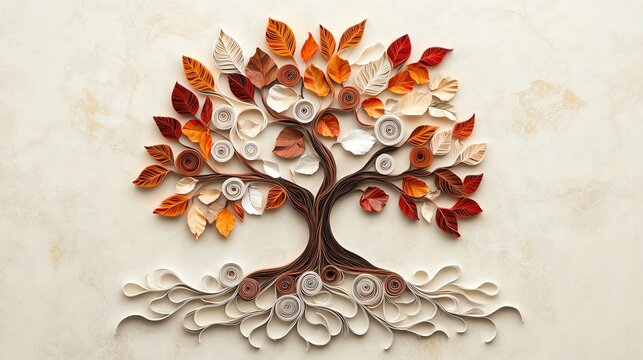 A beautifully crafted paper quilling artwork of a tree with vibrant autumn leaves, symbolizing nature and creativity.