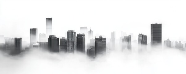 Fototapeta premium Monochrome Cityscape Emerging from Dense Fog and Low Clouds Featuring a Modern Skyline with Tall Buildings and Skyscrapers under an Overcast Sky