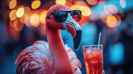 Pink flamingo with sunglasses and cocktail.  Bohemian vibes at night
