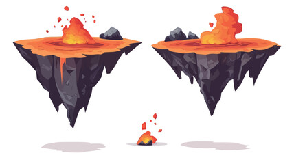 Two stylized cartoons depict floating volcanic islands in bright colors. The islands are irregular in shape, with jagged edges and a rough volcanic texture.