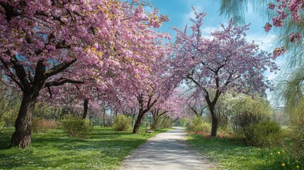 Naklejka premium Serene Walkway Through Cherry Blossom Garden in Full Spring Bloom