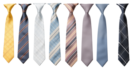 Collection of eight different patterned ties displayed in a row against a transparent background png