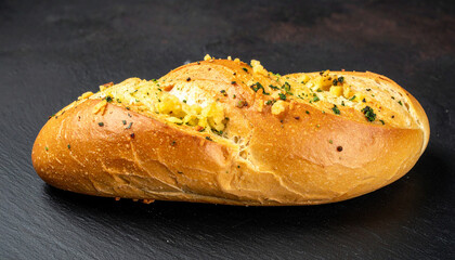 Fresh garlic bread. Tasty homemade food. Isolated on dark background.