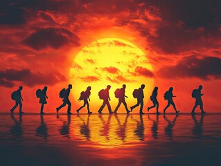 Silhouettes of Diverse People Walking Towards a Bright Sunset in Harmony Showing Friendship and Togetherness in a Motivational Journey Concept