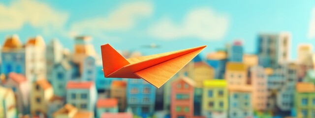 Paper Airplane Soaring Above Colorful Cityscape Against Azure Sky Represents Adventure Travel Destination Conceptual Design And Bright Artistic Background