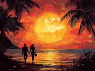 Silhouette Couple Enjoying a Romantic Beach Walk at Vibrant Sunset