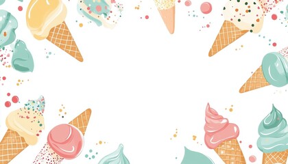 Pastel Ice Cream Cones on White Background With Sprinkles Colorful Summer Dessert Illustration Decorative Border Graphic Art Design Template With Decorative Details