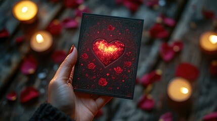 Romantic Valentine's Day card with glowing heart amidst candles and rose petals