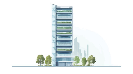 Digital renderings depict a stylized high-rise building set against a minimalist backdrop, featuring a sleek glass facade punctuated by horizontal bands.