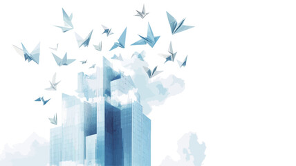 The work presents a minimalist composition of a flock of light blue and white origami birds flying towards a stylized dark blue skyscraper.