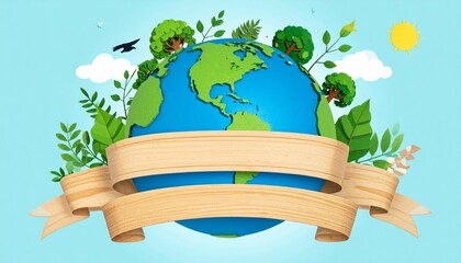 Earth with Trees and Wooden Ribbon in Paper-Cut Style AI generated