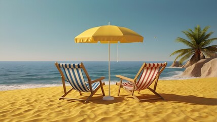 3D rendering of two beach chairs and a striped umbrella on a smooth yellow background, minimalist summer vacation concept, bright lighting, shadows soft, modern design,Generative Ai
