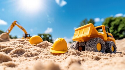 Sandcastle project with toy construction vehicles hard at work under sunny sky