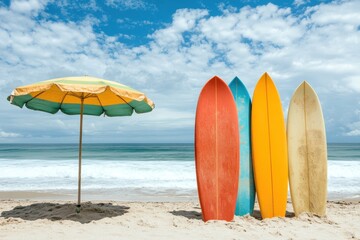 Sandy Beach with Colorful Surfboards and Yellow Green Parasol under Partly Cloudy Sky Creates Serene Vacation Coastal Ocean Scene on a Bright Sunny Day