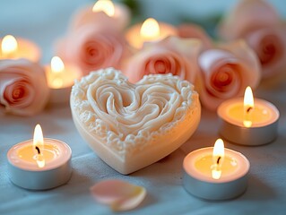Romantic Valentine's Day Still Life, Heart-Shaped Soap, Roses and Candles