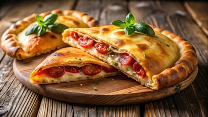 Crispy, golden-brown calzone with melted mozzarella cheese and savory pepperoni slices , golden brown, cheese