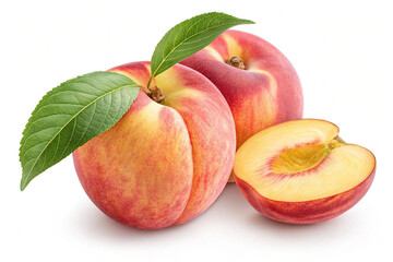 Colorful Peach Fruit with Leaf isolated on white background. A bright and vibrant peach fruit with a leaf isolated on a white background, ideal for fresh or healthy food themes