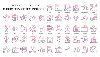 Vector set of thin linear 50 icons, related to public service technology for intelligent urbanism, smart city and urban development.