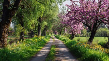 Obraz premium Serene Countryside Path Lined with Trees and Vibrant Flowers