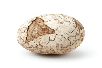 Aged, cracked egg, light beige and brown.  Shell shows extensive cracking and weathering