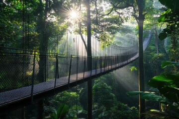 Suspension Bridge Through Lush Green Rainforest with Sun Rays Filtering Through Canopy Walkway Among Tall Trees in a Jungle Environment for Nature Adventure and Travel