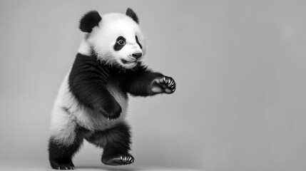 A black and white panda cub, standing upright, with paws off the ground, against a plain gray background.  Details include a curious expression and soft, rounded body features
